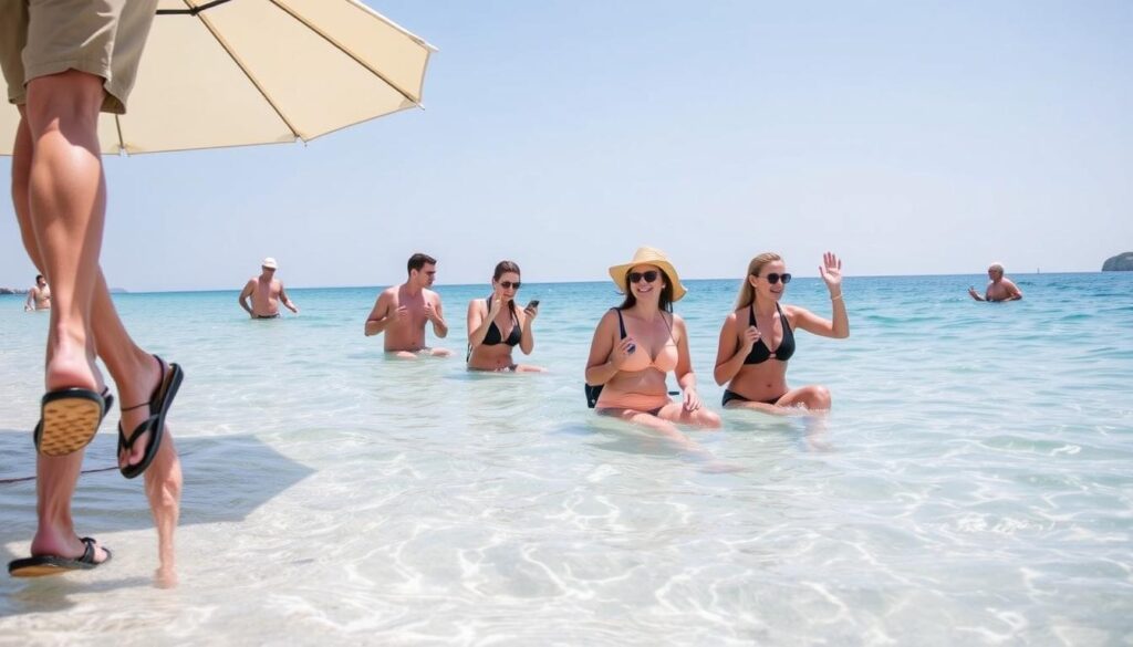 Turyści bezpiecznie wypoczywający na plaży w Chorwacji