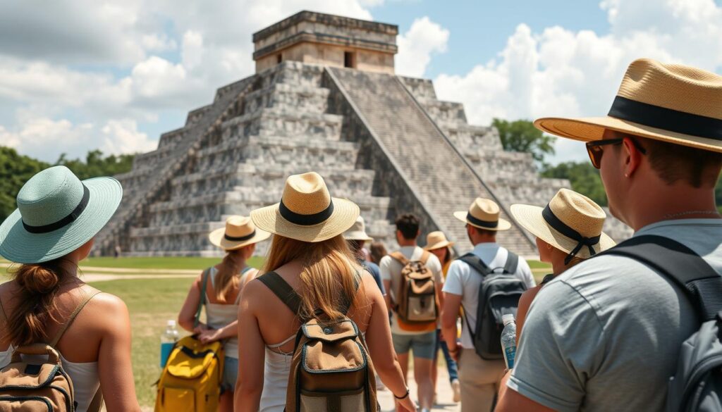 Turyści bezpiecznie zwiedzający ruiny Chichen Itza w Meksyku, stosujący zasady bezpieczeństwa gdy zastanawiają się czy w Meksyku jest bezpiecznie