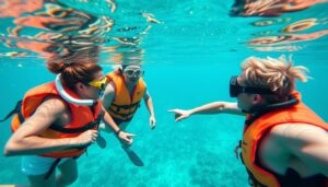 Turyści nurkujący z przewodnikiem na Malediwach, pokazujący bezpieczne praktyki podczas aktywności wodnych