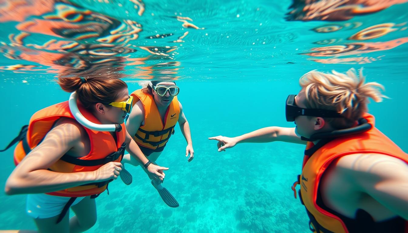 Turyści nurkujący z przewodnikiem na Malediwach, pokazujący bezpieczne praktyki podczas aktywności wodnych