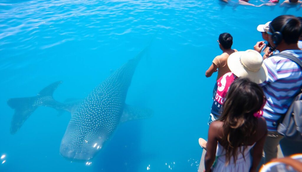 Turyści obserwujący rekina wielorybiego w wodach Sri Lanki, popularna atrakcja turystyczna w okolicach Mirissa