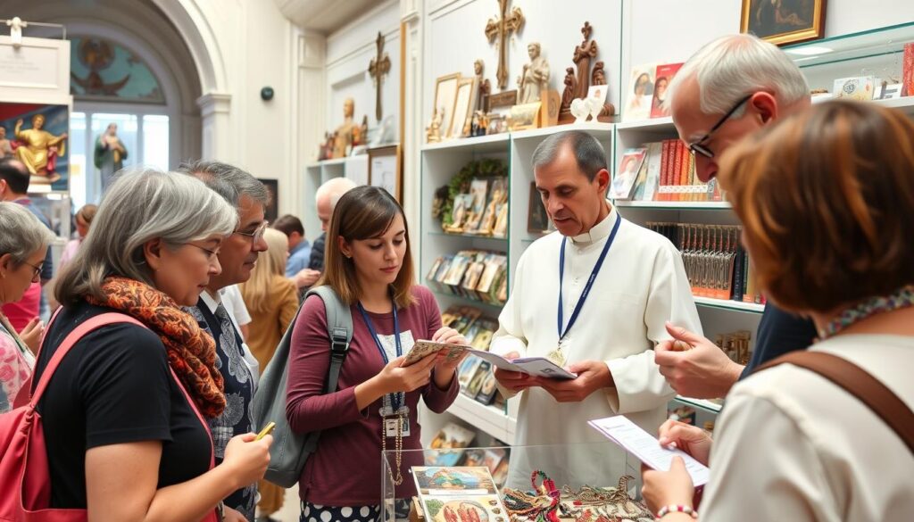 Turyści przeglądający pamiątki w sklepie watykańskim