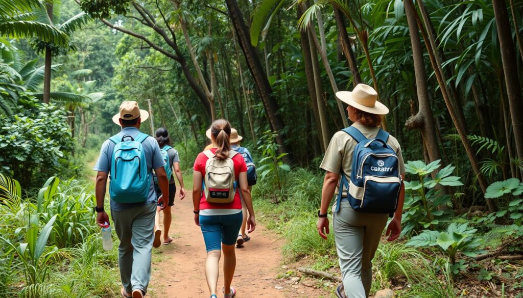 Turyści z przewodnikiem w parku narodowym na Sri Lance, przykład bezpiecznego zwiedzania z lokalnymi ekspertami