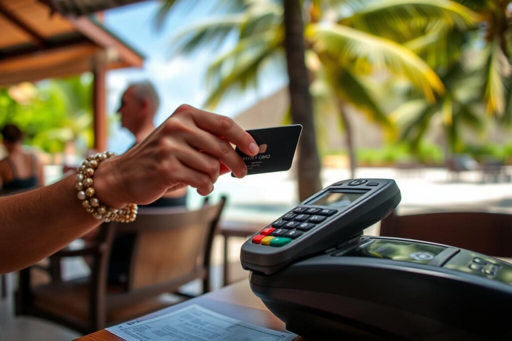 Turysta płacący kartą w restauracji na Seszelach