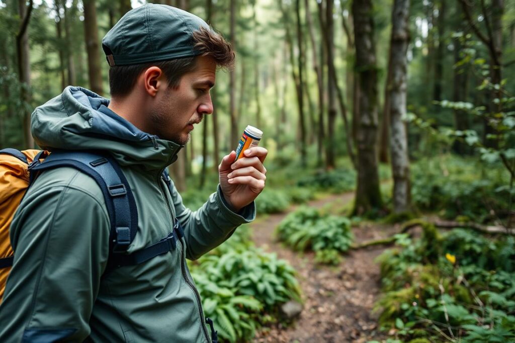 Turysta stosujący repelent przeciw owadom podczas wędrówki po Nowej Zelandii