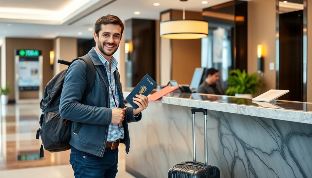 Turysta z paszportem podczas zameldowania w zagranicznym hotelu