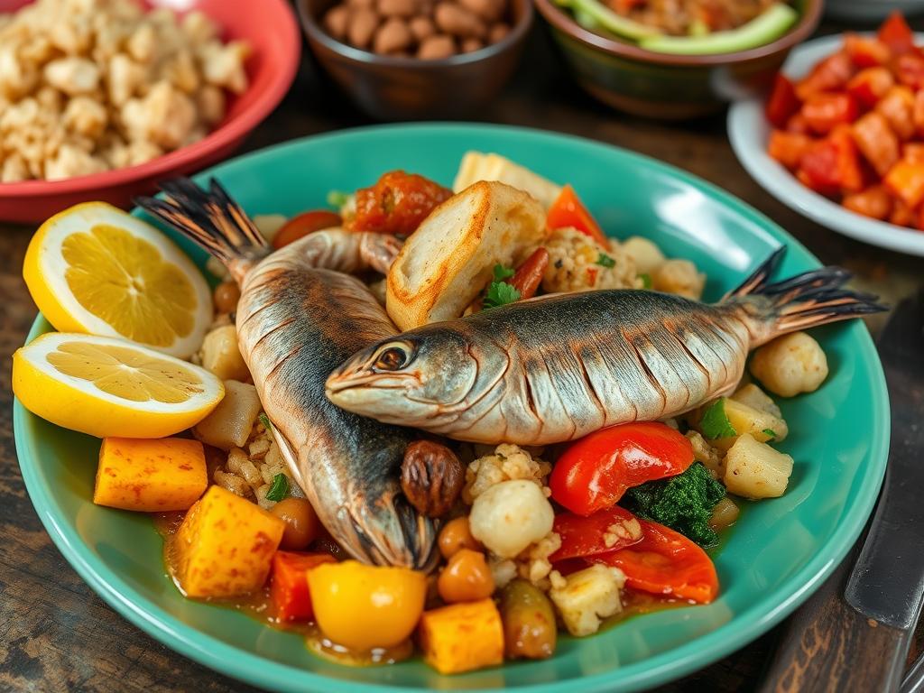 Typowe maurytyjskie danie z owocami morza i lokalnymi dodatkami