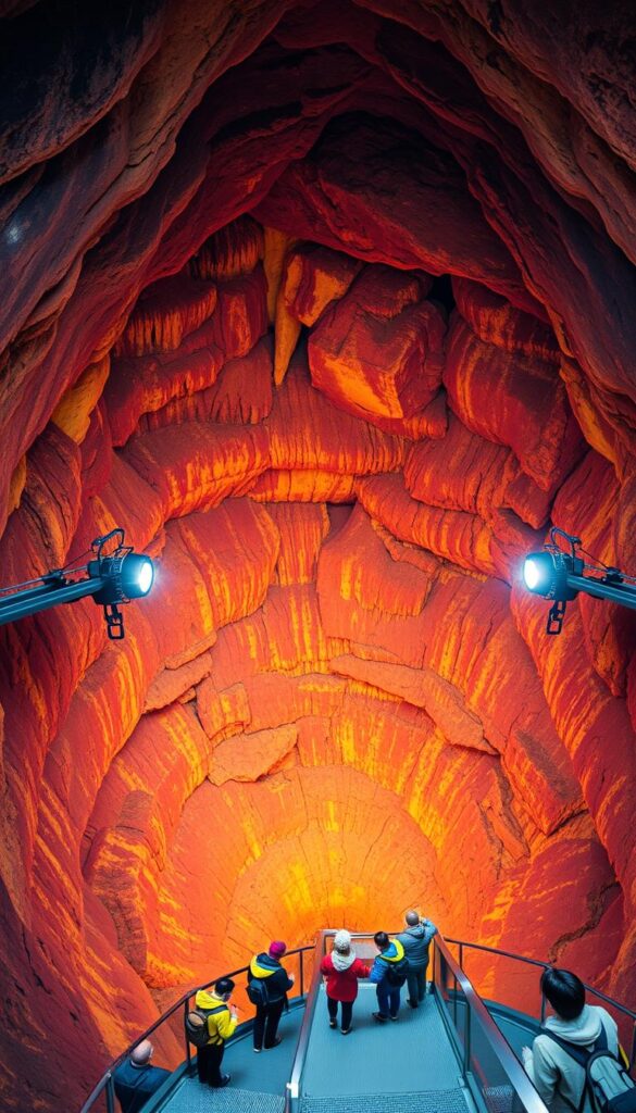 Wnętrze wulkanu Þríhnúkagígur z kolorowymi ścianami komory magmowej i turystami zwiedzającymi to niezwykłe miejsce