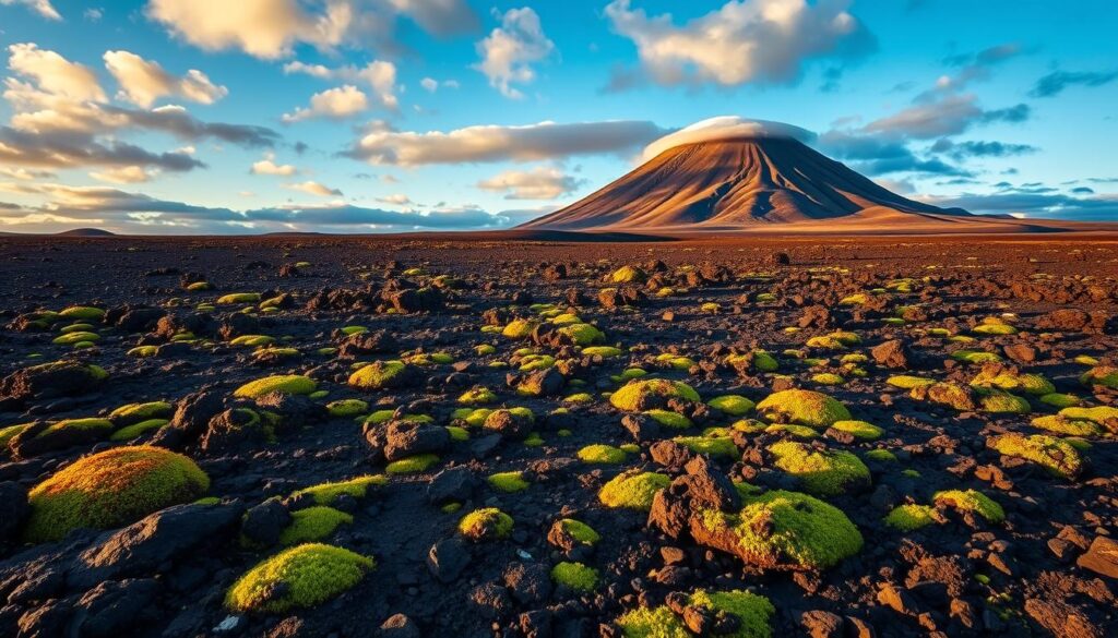 Wulkaniczny krajobraz Islandii w letnim słońcu, z zieloną roślinnością kontrastującą z czarnymi polami lawowymi