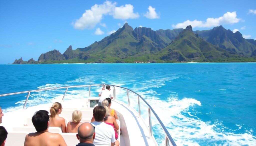 Wycieczka łodzią wokół Mauritiusa z widokiem na góry i lazurową wodę