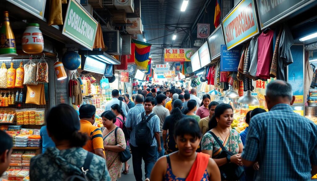 Zatłoczony targ w Kolombo na Sri Lance, miejsce gdzie turyści powinni uważać na kradzieże kieszonkowe