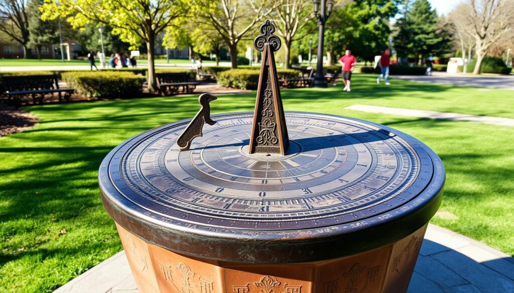 Zegar słoneczny z gnomonem w parku miejskim