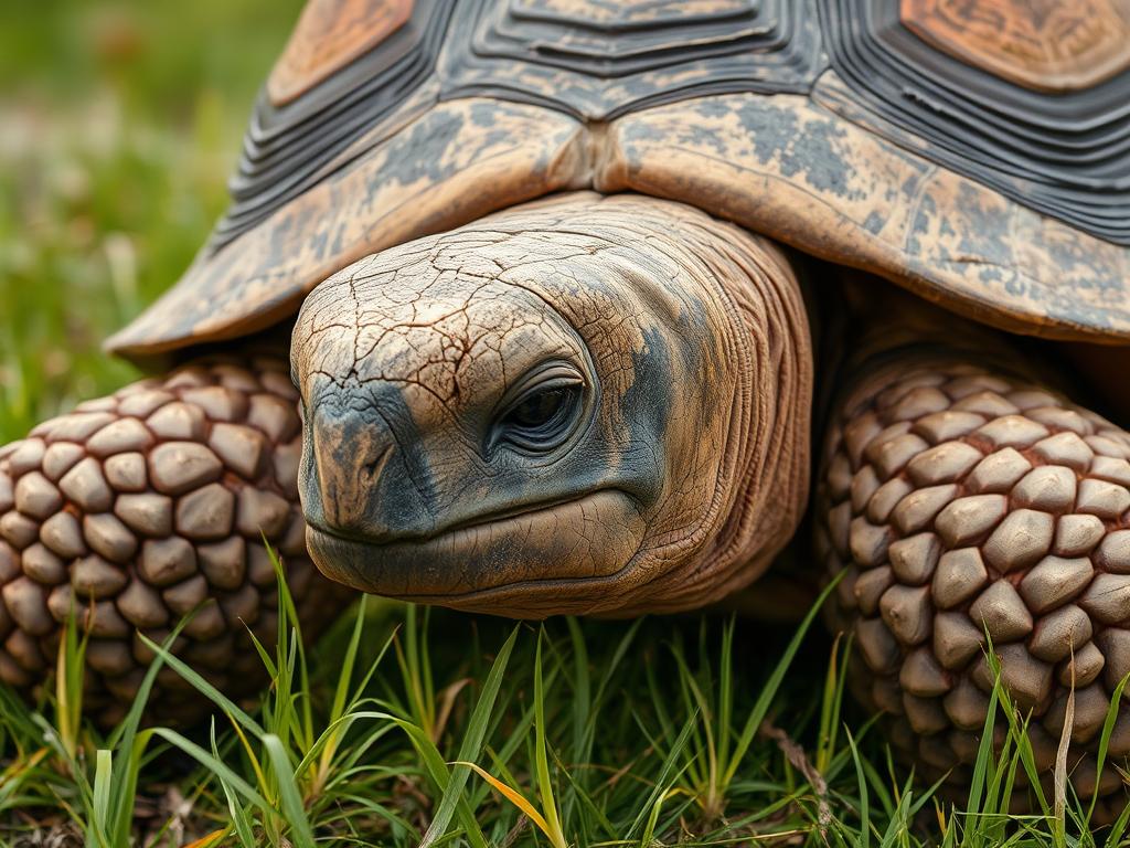 Żółw olbrzymi na Seszelach powoli przemieszczający się po trawie
