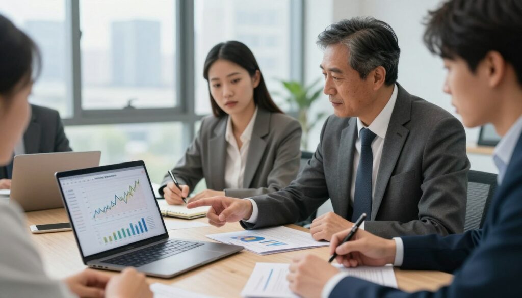 A professional setting depicting strategies for currency management, featuring a diverse group of business professionals engaged in a discussion around a large table. In the foreground, a middle-aged man in a tailored suit points to charts displaying currency trends on a laptop. In the middle ground, a young woman, dressed in smart casual attire, takes notes while another person analyzes graphs on a paper. The background shows a modern office environment with large windows revealing a city skyline. Soft, natural lighting enters the room, creating a productive, focused atmosphere. The overall mood is collaborative and strategic, emphasizing thoughtful analysis and teamwork in currency management. A professional setting depicting strategies for currency management, featuring a diverse group of business professionals engaged in a discussion around a large table. In the foreground, a middle-aged man in a tailored suit points to charts displaying currency trends on a laptop. In the middle ground, a young woman, dressed in smart casual attire, takes notes while another person analyzes graphs on a paper. The background shows a modern office environment with large windows revealing a city skyline. Soft, natural lighting enters the room, creating a productive, focused atmosphere. The overall mood is collaborative and strategic, emphasizing thoughtful analysis and teamwork in currency management.