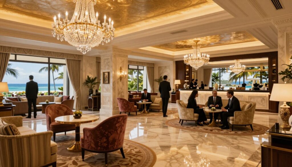 A luxurious hotel lobby featuring opulent design elements showcasing the world's most expensive hotels. In the foreground, a stunning chandelier made of crystal glimmers, reflecting warm, golden lighting across the marble floor. Elegant seating areas with plush armchairs are adorned with fine fabrics and rich colors. In the middle ground, guests dressed in professional business attire engage in conversation, exuding sophistication and exclusivity. The background reveals large windows with a breathtaking view of an exotic landscape, enhancing the sense of grandeur. The atmosphere is one of luxury and extravagance, with soft ambient lighting creating a warm, inviting mood. The composition captures the essence of high-end hospitality and elegance, inviting viewers to envision the pinnacle of luxury travel experiences.