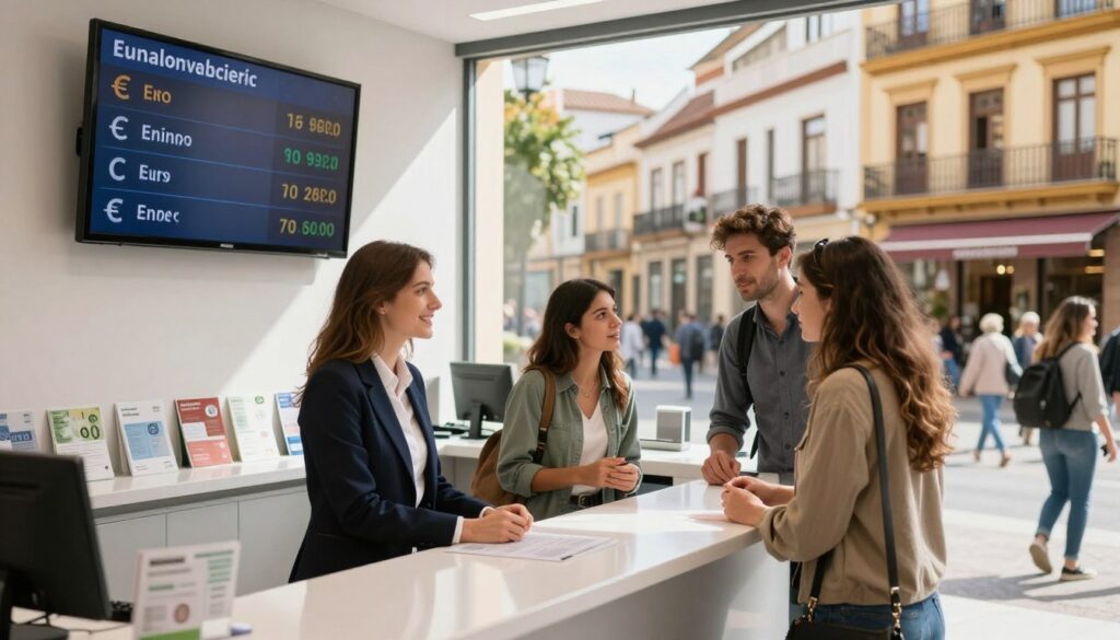 A picturesque scene of a currency exchange office in Spain, featuring a modern, well-lit interior. The foreground showcases a sleek counter with a friendly, professional attendant in smart business attire assisting a couple of tourists, who appear curious and engaged. The middle ground includes a large digital exchange rate display, showcasing the Euro against various international currencies, with an inviting customer area featuring informational brochures about currency conversion. The background reveals a bright window displaying a picturesque view of a bustling Spanish street filled with people, colorful buildings, and local shops. Natural sunlight filters in, creating a warm and welcoming atmosphere, ideal for travelers seeking currency exchange. The focus is sharp, with a slight depth of field to emphasize the counter area while keeping the background slightly blurred.