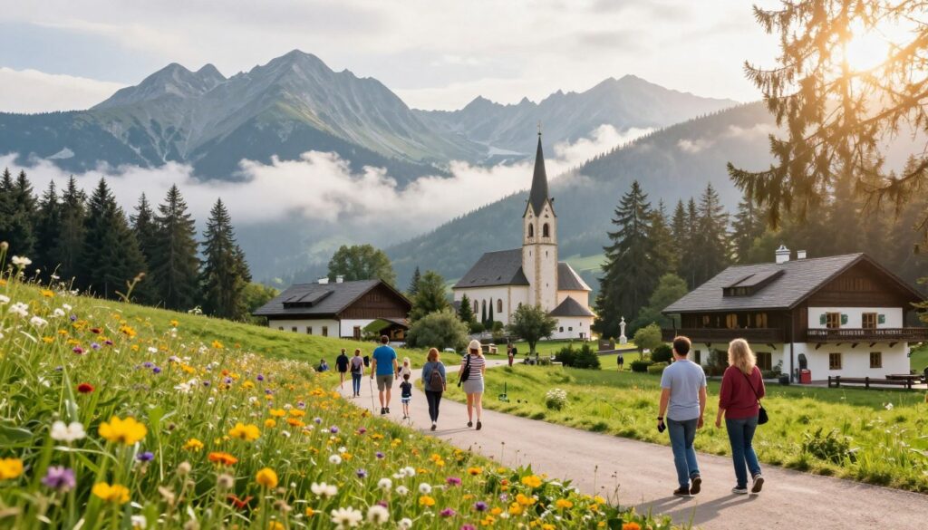 A picturesque view of Karpacz, Poland, showcasing popular attractions near Hotel Gołębiewski. In the foreground, vibrant wildflowers bloom along a winding path leading to the hotel. In the middle, families and couples are enjoying the scenic surroundings, with some hiking and others taking photographs, all dressed in casual outdoor clothing. Towering behind them are the magnificent mountains, partially shrouded in mist, creating an enchanting atmosphere. The background features the iconic Wang Church, nestled among dense pine trees, with sunlight filtering through the branches, casting a warm glow over the scene. The overall mood is inviting and serene, reflecting a perfect summer day in the mountains, captured from a slightly elevated angle to encompass the beauty of the landscapes.