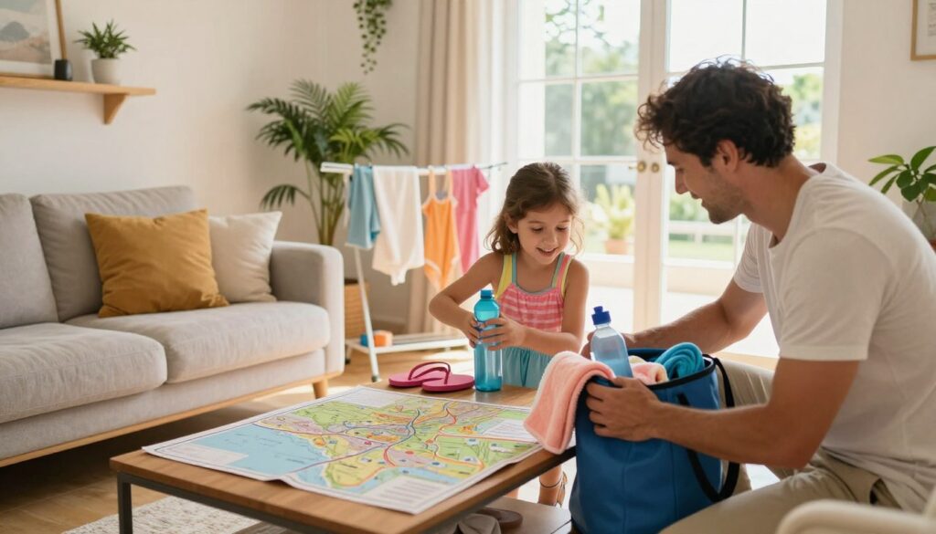 A serene and inviting scene showcasing a family preparing for a visit to the Malta Thermal Baths. In the foreground, a father and daughter excitedly examine their swim bags filled with towels, water bottles, and flip-flops. The middle ground features a cozy living room decorated with plants, a large map of the baths on the coffee table, and a glimpse of bathing suits hanging on a drying rack. In the background, a large window reveals bright, sunny weather outside, highlighting the cheerful ambiance. Warm, natural lighting enhances the inviting atmosphere, and the angle is slightly elevated, creating a sense of anticipation and joy for the upcoming visit. The mood is lighthearted and familial, reflecting commitment to wellness and leisure.
