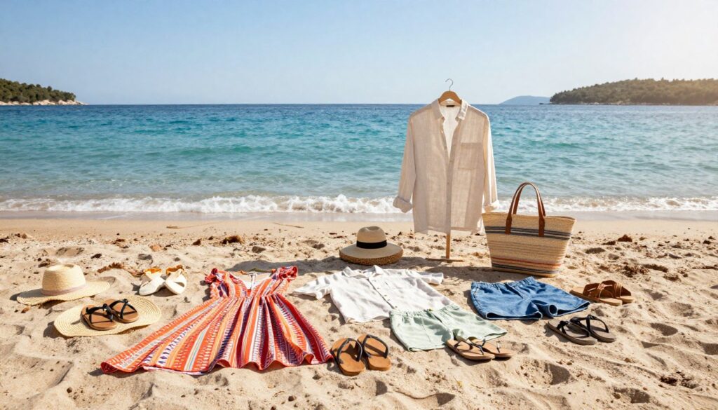 A vibrant beach scene in Croatia, showcasing a variety of stylish summer clothing and footwear arranged artistically on a sandy shore. In the foreground, display colorful beach dresses, lightweight linen shirts, and casual shorts, complemented by sandals and flip-flops. In the middle ground, include a sun hat and a beach bag, subtly referencing beach necessities. The background features the stunning Adriatic Sea under a bright blue sky, with gentle waves and a hint of distant islands. Soft sunlight illuminates the scene, creating a warm and inviting atmosphere. Use a slight angle to capture the depth of the beach, ensuring the laid-out garments are the focal point while the natural beauty of Croatia frames the image beautifully.