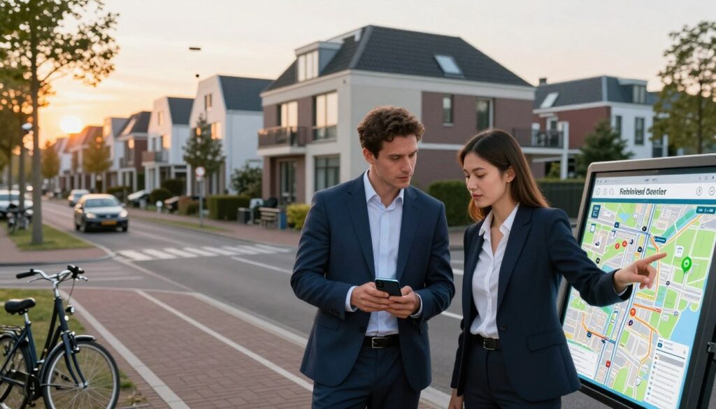 A well-lit urban scene in the foreground featuring a professional couple in business attire discussing personal safety strategies. The man, wearing a tailored suit, holds a smartphone displaying a safety app, while the woman, dressed in a smart blazer, points towards a digital map of the area. In the middle background, a modern Dutch residential neighborhood with picturesque houses and clean streets, showcasing bicycle lanes and security camera installations. The background features a soft sunset glow, enhancing the warm atmosphere of community safety. The scene conveys a sense of vigilance and proactive engagement, highlighting personal and property protection in a harmonious urban environment. The perspective is slightly elevated, capturing the essence of modern Dutch life while ensuring a professional and secure ambiance.