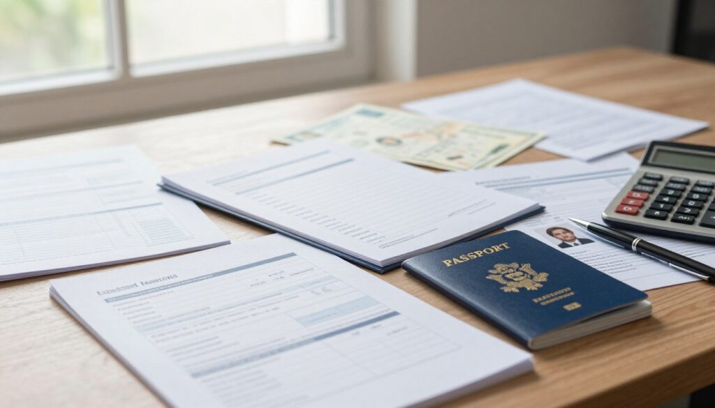 A close-up view of a desk filled with essential documents for obtaining an expedited passport. In the foreground, a neatly organized stack of passport application forms, accompanied by identification photos, a pen, and a calculator. The middle layer features an open folder displaying a checklist of requirements, surrounded by various identification documents like birth certificates and proof of residence. In the background, a soft-focus window allows natural light to illuminate the scene, creating a warm and inviting atmosphere. The overall mood is professional and efficient, emphasizing clarity and organization. The scene is devoid of people but showcases an environment that suggests readiness and urgency in processing passport applications.