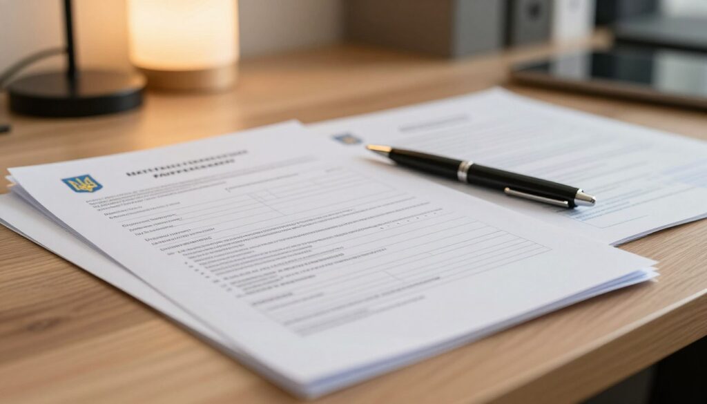 A close-up view of essential documents for a Ukrainian passport application displayed on a wooden desk. The foreground presents a neatly arranged stack of papers, including a filled-out application form, identification documents, and supporting paperwork, all featuring clear, legible text and official seals. In the middle, a pen rests next to the documents, capturing the sense of preparation and attention to detail. The background is softly blurred to highlight the documents while hinting at an organized office environment, with a warm glow from a desk lamp creating an inviting atmosphere. The image should evoke professionalism and clarity, perfect for illustrating the requirements for obtaining a Ukrainian passport.
