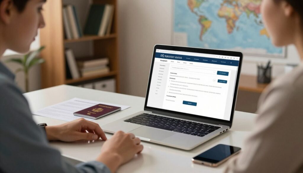 A professional setting featuring a modern office desk with a laptop open, displaying a passport status tracking website. In the foreground, a person in smart casual wear is intently observing the screen, with clear features focused on the task. The middle ground includes a printed passport lying next to a smartphone, highlighting the integration of technology in checking passport status. The background comprises a softly lit office with bookshelves filled with travel books and a world map on the wall, creating an atmosphere of exploration and efficiency. The lighting is warm and inviting, casting gentle reflections on the desk’s surface, enhancing the workflow vibe. The composition is framed from a slight angle to emphasize the interaction with the technology while evoking a sense of professionalism and purpose.