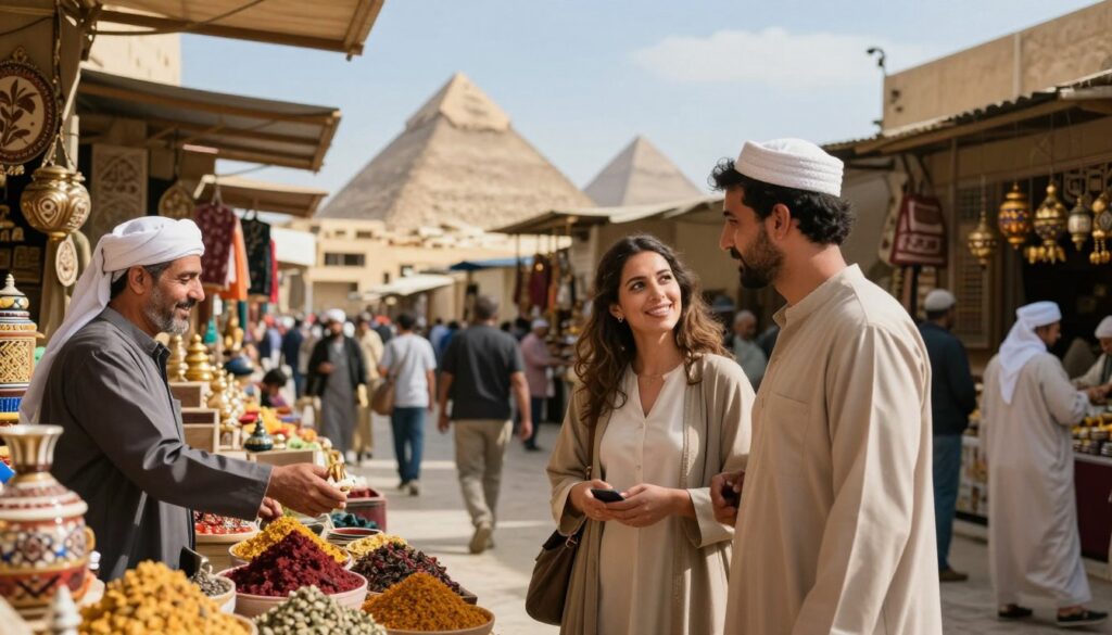 A serene and inviting scene showcasing personal safety in Egypt, with a focus on a couple exploring a vibrant marketplace. In the foreground, the couple, dressed in modest casual clothing, is engaging with a friendly local vendor, surrounded by colorful traditional crafts and spices. The middle ground features bustling market stalls with tourists and locals, creating a lively atmosphere. In the background, iconic Egyptian architecture, such as a distant view of the pyramids under a bright blue sky, emphasizes the cultural richness. Soft, natural lighting bathes the scene, enhancing the warm, friendly mood, while the angle captures an immersive perspective that draws the viewer into the experience of safe exploration in Egypt.