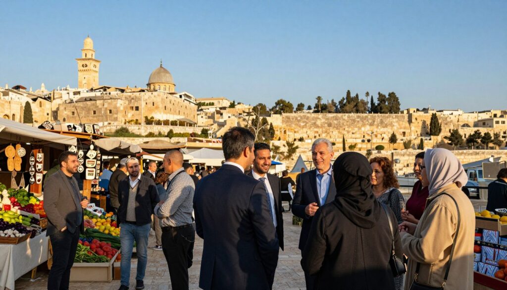 A serene landscape of Israel showcasing a vibrant market scene bathed in warm, golden sunlight. In the foreground, a diverse group of people dressed in professional business attire and modest casual clothing engage in lively discussions, exchanging friendly smiles, embodying a sense of community and safety. The middle ground features an array of stalls filled with fresh produce and local crafts, hinting at the rich culture and hospitality. In the background, the iconic skyline of Jerusalem is visible with the Western Wall, under a clear blue sky, symbolizing heritage and peace. The atmosphere is inviting and secure, with soft shadows adding depth to the scene, captured from a slightly elevated angle to achieve a broad perspective.