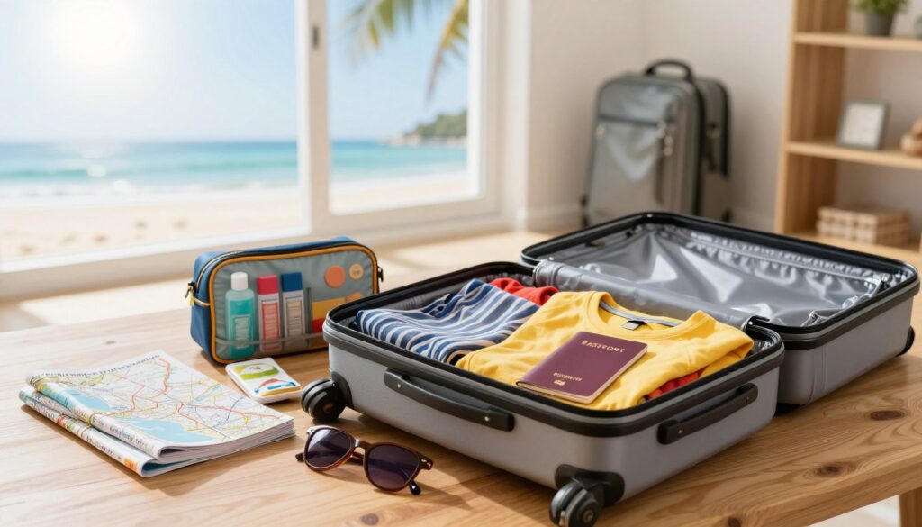A vibrant and inviting scene showcasing an array of travel essentials neatly arranged on a solid wooden table. In the foreground, place an open suitcase filled with colorful clothing, a passport, and a pair of stylish sunglasses. To the left, include a travel guidebook and a neatly folded map, alongside a compact toiletries bag. In the middle background, depict a cozy travel environment with a soft-focus view of a beautiful beach and a sunny sky through a large window, enhancing the sense of adventure. Bright, natural light filters into the room, creating a warm and cheerful atmosphere. The composition should evoke excitement and readiness for travel, inviting viewers to consider their own packing choices.