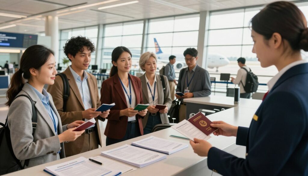 A well-organized travel scene set in a bright, airy airport terminal. In the foreground, a diverse group of individuals in professional business attire are showing their passports and identity cards to an attentive airline staff member. In the middle ground, a check-in counter displays various travel documents neatly arranged. Travelers are engaged in conversations as they prepare for their journey. The background features large windows allowing natural light to flood the space, with planes visible on the tarmac, symbolizing travel and adventure. The atmosphere conveys a sense of anticipation and excitement, highlighting the importance of proper documentation in both travel and everyday life. The lighting is warm and inviting, enhancing the vibrant colors of the scene.